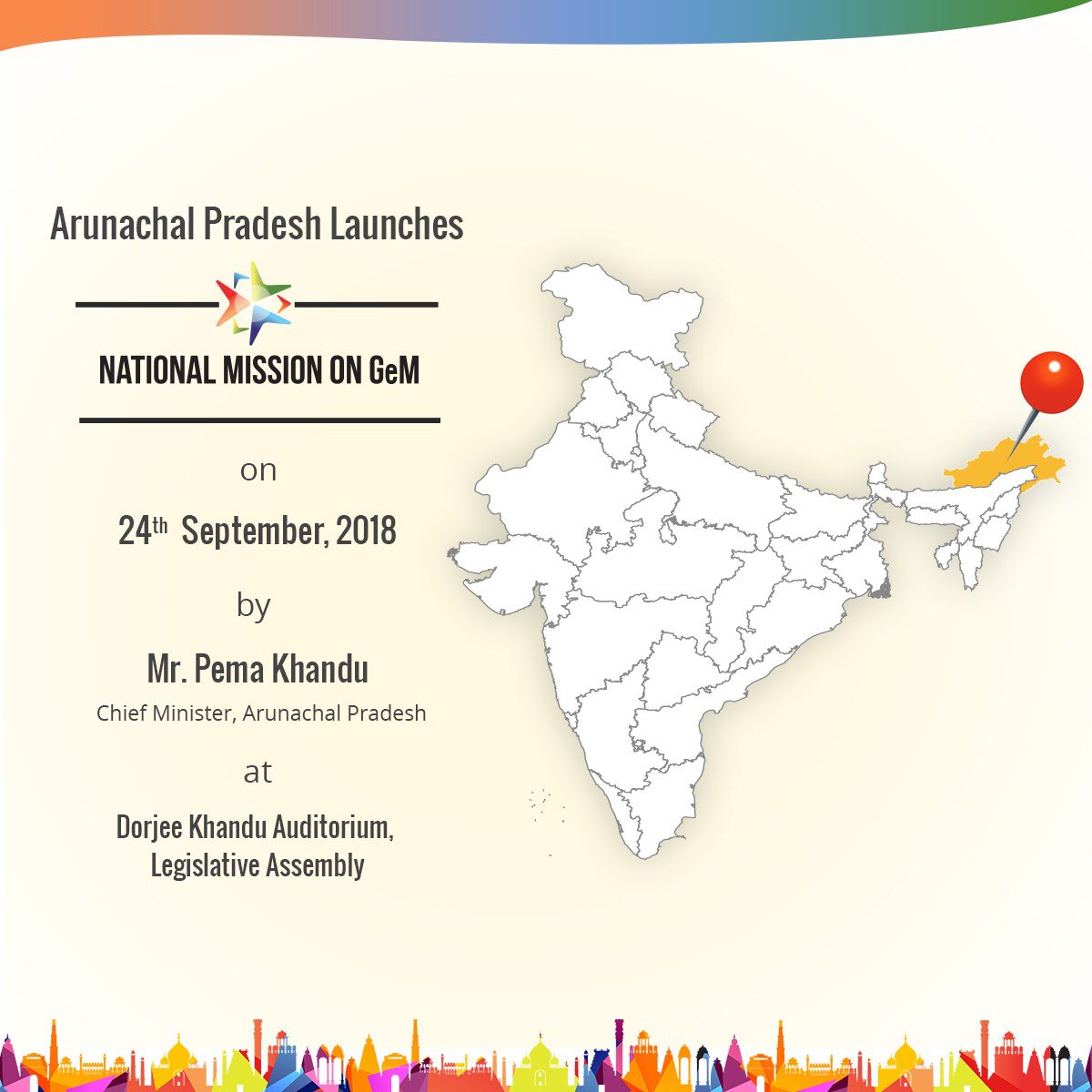 GeM_India's tweet photo. #MissionGeM #ArunachalPradesh 
Mr Pema Khandu, Chief Minister, Arunachal Pradesh to launch National Mission on GeM in Arunachal Pradesh on 24th September‘18.

@DoC_GoI @CimGOI @NITIAayog @DIPPGOI @PIB_India @mygovindia @GoI_MeitY @_DigitalIndia @OfficeOfRSP @PemaKhanduBJP https://t.co/HjFv4JDZ6A