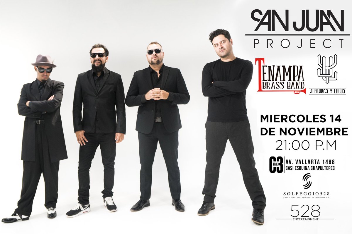 SanJuanProject's tweet photo. ¡Por fin tocamos en casa! Nos vemos el próximo 14 de Noviembre, a las 9 de la noche en el @c3stage. 🙌✨🎺Bandas invitadas: Tenampa Brass Band + Juglares y Locos 😎
Más info en 👉 https://t.co/COmhAMHutI #sanjuanproject #tevaagustar #amoralharte https://t.co/jdVzNPrksh