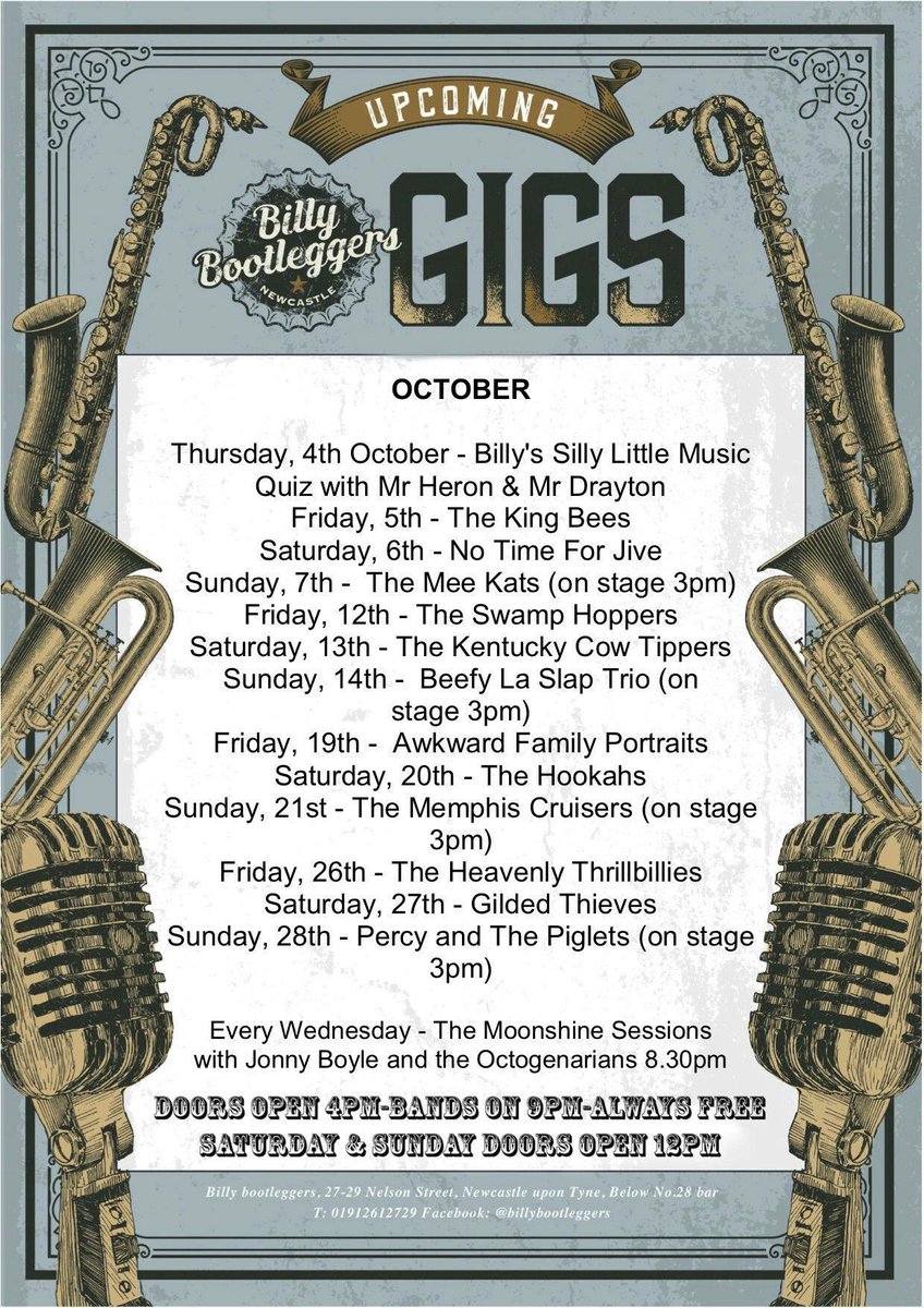 October is going to be another awesome month for live gigs* at Billys... featuring The King Bees, The Mee Kats, The Swamp Hoppers, The Kentucky Cow Tippers, Beefy La Slap Trio, Awkward Family Photos, The Hookahs and many more 

*always unbelievably free! #NEFollowers