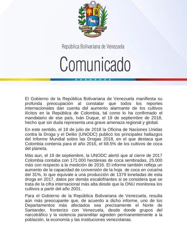 jaarreaza's tweet photo. Venezuela exhorta al Estado colombiano a asumir las responsabilidades internacionales por los daños causados por la industria del narcotráfico en los países vecinos y en el mundo, al poner en riesgo la paz, la seguridad y la estabilidad regional y global. Comunicado: https://t.co/JWO7WQ91ru