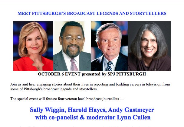 spjpgh's tweet photo. Sally Wiggin, Harold Hayes, Andy Gastmeyer, &amp; Lynn Cullen: Pittsburgh Broadcast Legends &amp; Storytellers.  Please join us October 6th. ( &amp; please retweet.)
https://t.co/4pOGGRR4JM https://t.co/qYBu0ovTax