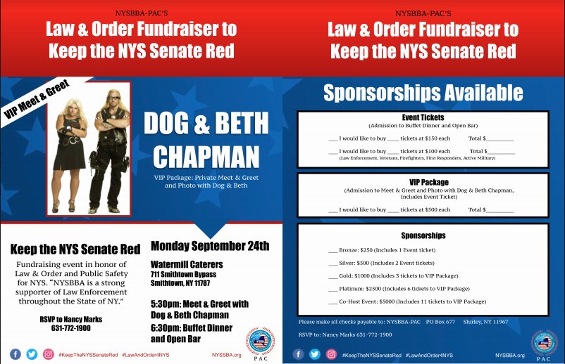 Keep_NY_Safe's tweet photo. Tomorrow's the fundraiser! If you haven't purchased your tickets in support of #PublicSafety, do so today! #DineWithDog at #BethsBuffet at the Watermill in Smithtown (ticket gets you food & an #OpenBar) @LawngIsland @Stringernews @News12LI @POLSLongIsland https://t.co/Ga0D6Xi1xM https://t.co/kzAjNkorS4