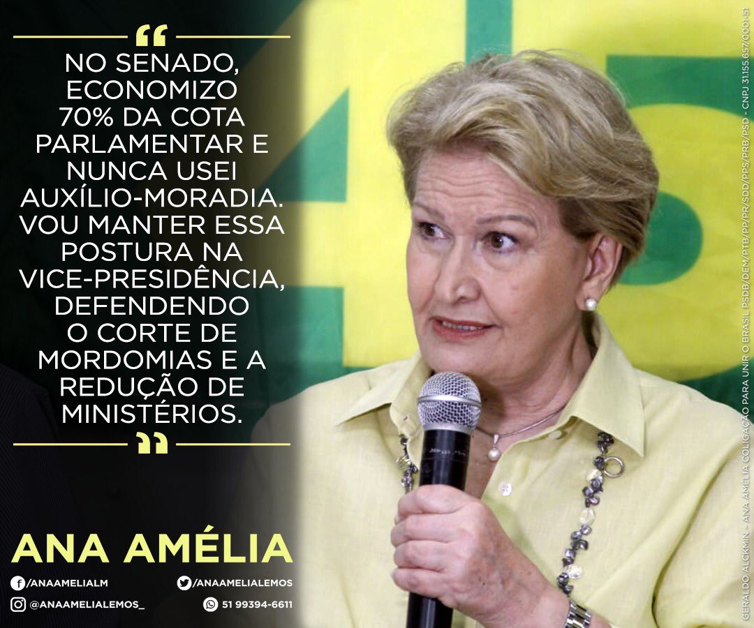 No Senado, economizo 70% da cota parlamentar e nunca usei auxílio-moradia. Vou manter essa postura na vice-presidência da República, defendendo o corte de mordomias e a redução de ministérios. 4️⃣5️⃣🇧🇷