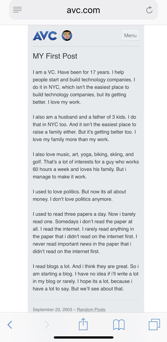 sree's tweet photo. Happy 15th anniversary to @FredWilson and his amazing @avc blog - the longest-running, most influential blog for startups and entrepreneurs. Looking forward to many more years of posts! His first post is below. And his 8,033rd is here: https://t.co/5zPrpM5IrQ #entreptips https://t.co/fpIDVKAm4o