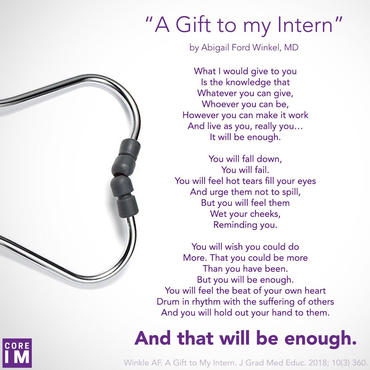 COREIMpodcast's tweet photo. As your interns approach the 3-month mark, share with them the words of Dr. @AbigailWinkel and let them know how much you appreciate their hard work and dedication. #wellness #medtwitter @ShannonOMac @danielleofri @JournalofGME @AmerMedicalAssn @ACPinternists https://t.co/guXXsjRt2P