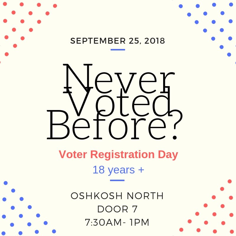 Ashley Gorst (@ashley_gorst) on Twitter photo <a href="/uwoshkosh/">UW-Oshkosh</a> students are you registered to vote? If not, it's easy! Bring your ID and schedule for proof of residency to <a href="/OshkoshNorthHS/">Oshkosh North HS</a> on September 25th. <a href="/LWV_WI/">LWV Wisconsin</a> will be there to answer any questions. The 1st step of letting your voice be heard through voting is by registering! <a href="/uwoshkosh/">UW-Oshkosh</a> students are you registered to vote? If not, it's easy! Bring your ID and schedule for proof of residency to <a href="/OshkoshNorthHS/">Oshkosh North HS</a> on September 25th. <a href="/LWV_WI/">LWV Wisconsin</a> will be there to answer any questions. The 1st step of letting your voice be heard through voting is by registering!