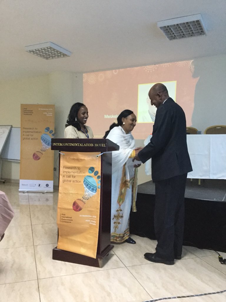 PodoDotOrg's tweet photo. Congratulations to Asrat Mengiste for winning the Meskele Ashine (1951-2012) Implementers’ Award. Presented by Meskele’s family. #podo18 #podoconiosis #podoconference https://t.co/0gOuBDrg92