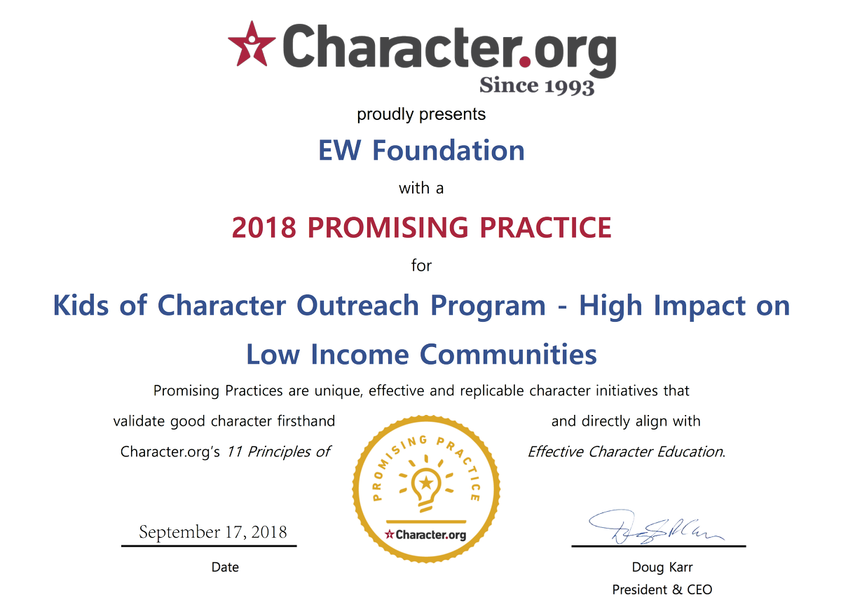 EWFcares's tweet photo. Honored to receive a Promising Practice for our Kids of Character Outreach Program! Our outreach provides award-­winning books to children in low-income communities and Title I schools. Thank you@@CharacterDotOrg #character #literacy #DeservingChildren https://t.co/ALpeRoiOR7
