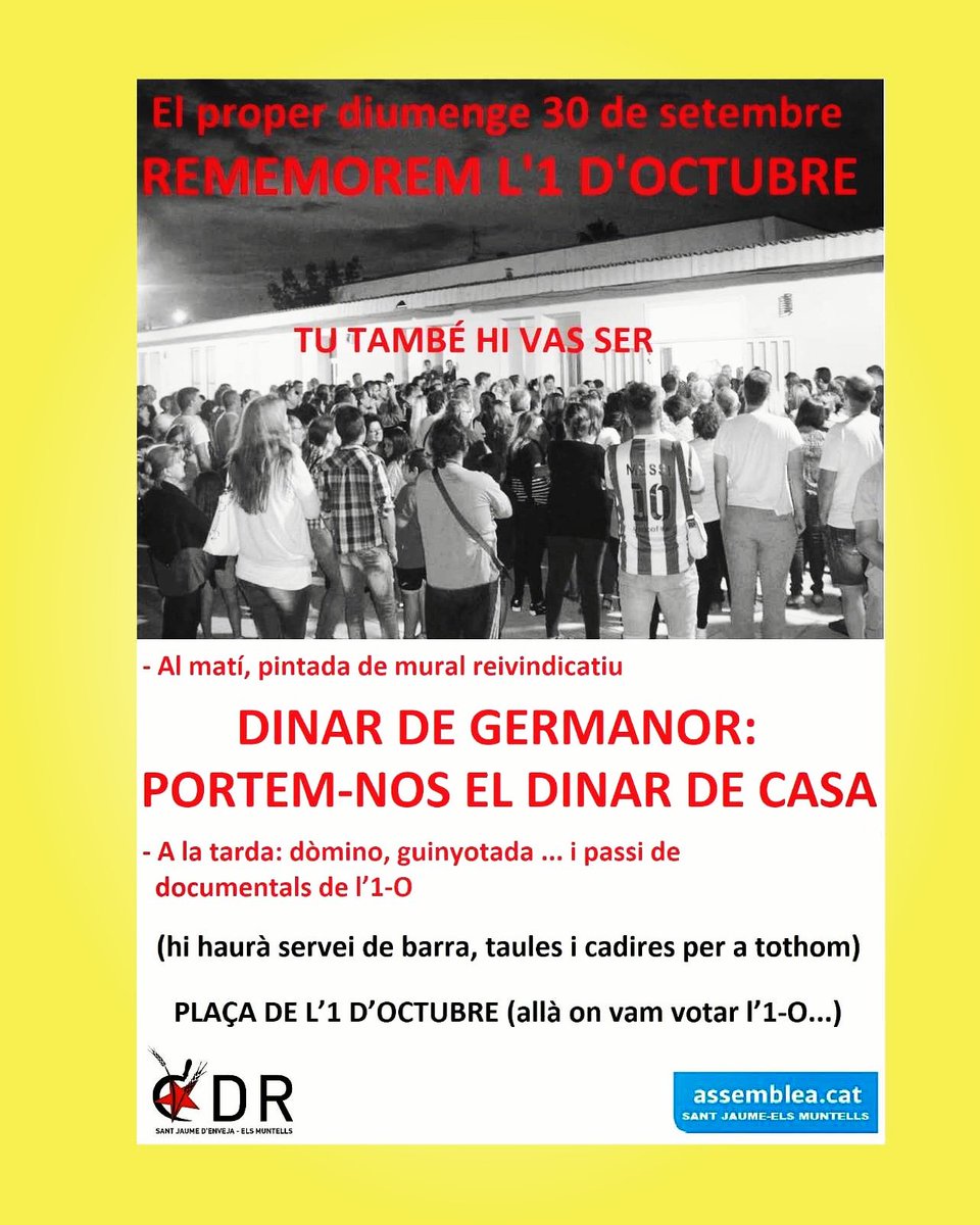 CDR_SJE_EM's tweet photo. D'aquí a una setmana, el 30 de setembre, rememorarem la jornada de l'1 d'octubre al nostre poble. No hi pots faltar! Defensem el mandat de l'1 d'octubre! Vam votar i vam guanyar! #1O #1octubre #TardorCalenta #tardorcatalana #FemRepública #elpoderdelpoble #cdrcat #cdrenxarxa #cdr https://t.co/5CiOx19Ql7