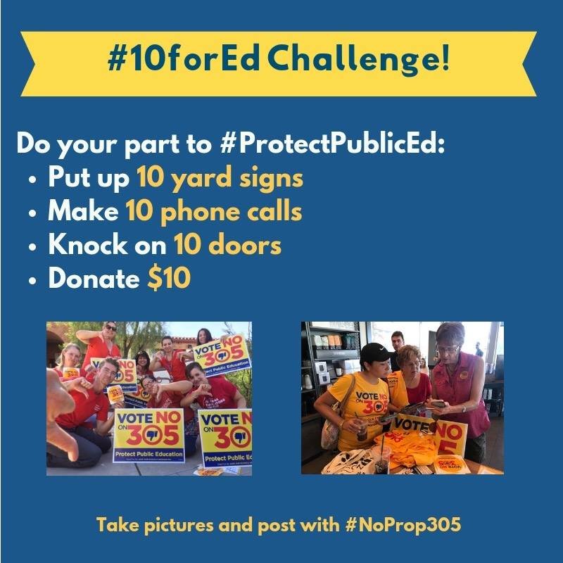 Do 10 things this week to #ProtectPublicEd! We have all the tools and tips to make it easy but we need EVERYONE'S help before early ballots arrive in just 2 weeks! SHARE WIDELY. Doing this in teams makes this a lot of fun (really!) #NoProp305 #EdWave2018