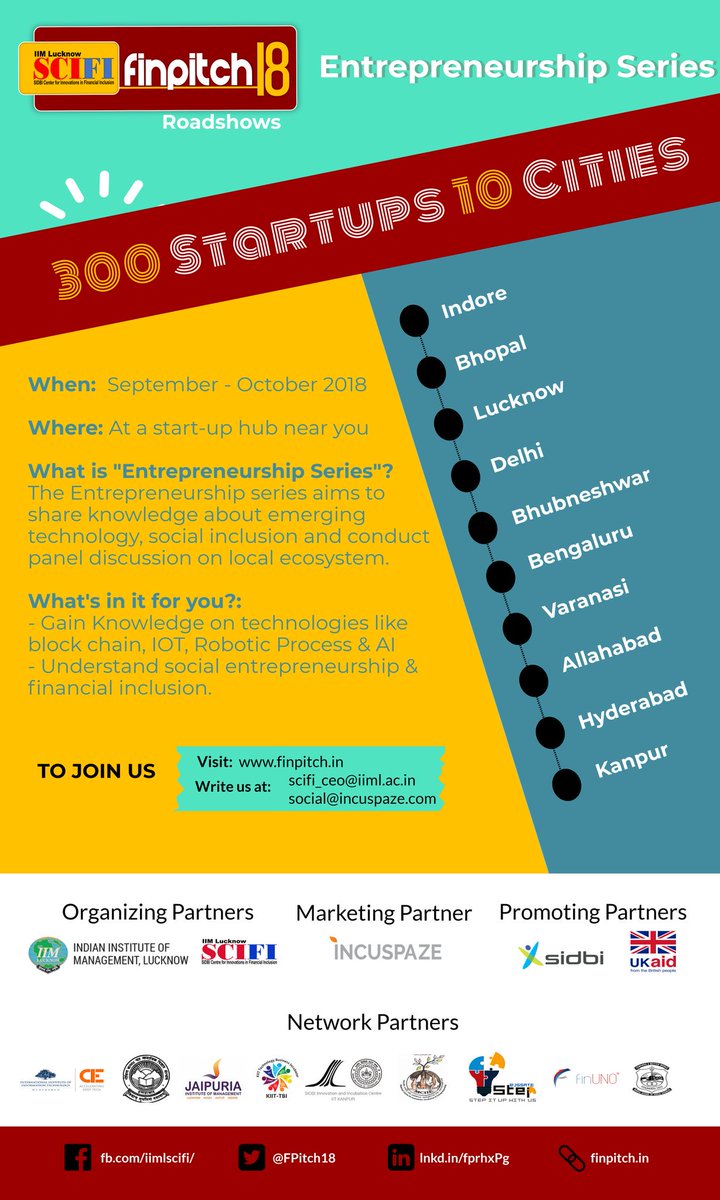 FinPitch's tweet photo. IIML SCIFI has launched its Annual Pitching Event, FinPitch18. IIML SCIFI will reach out to the startups through the roadshow in the mentioned sector and extend exclusive support system to the selected startups.
#finpitch #finpitch18 #Roadshow #FinancialInclusion #startups https://t.co/1l363g4ZhZ