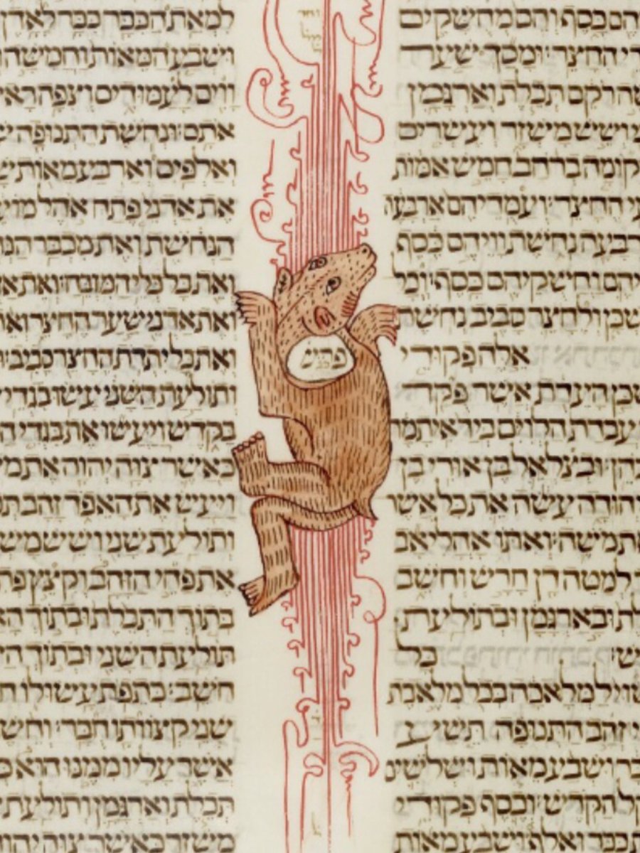red_loeb's tweet photo. Joseph Ibn Hayyim concludes his marking of the start of weekly readings from Shemot (Exodus) with the image of a dragon biting his paw &amp; a bear. 
@BL_HebrewMSS @MiriLewis 

MS Kennicott 1; 'The Kennicott Bible', 1476 CE,
f.55v &amp; f.58r #BDLSS #KennicottBible https://t.co/0xEivoC1J7