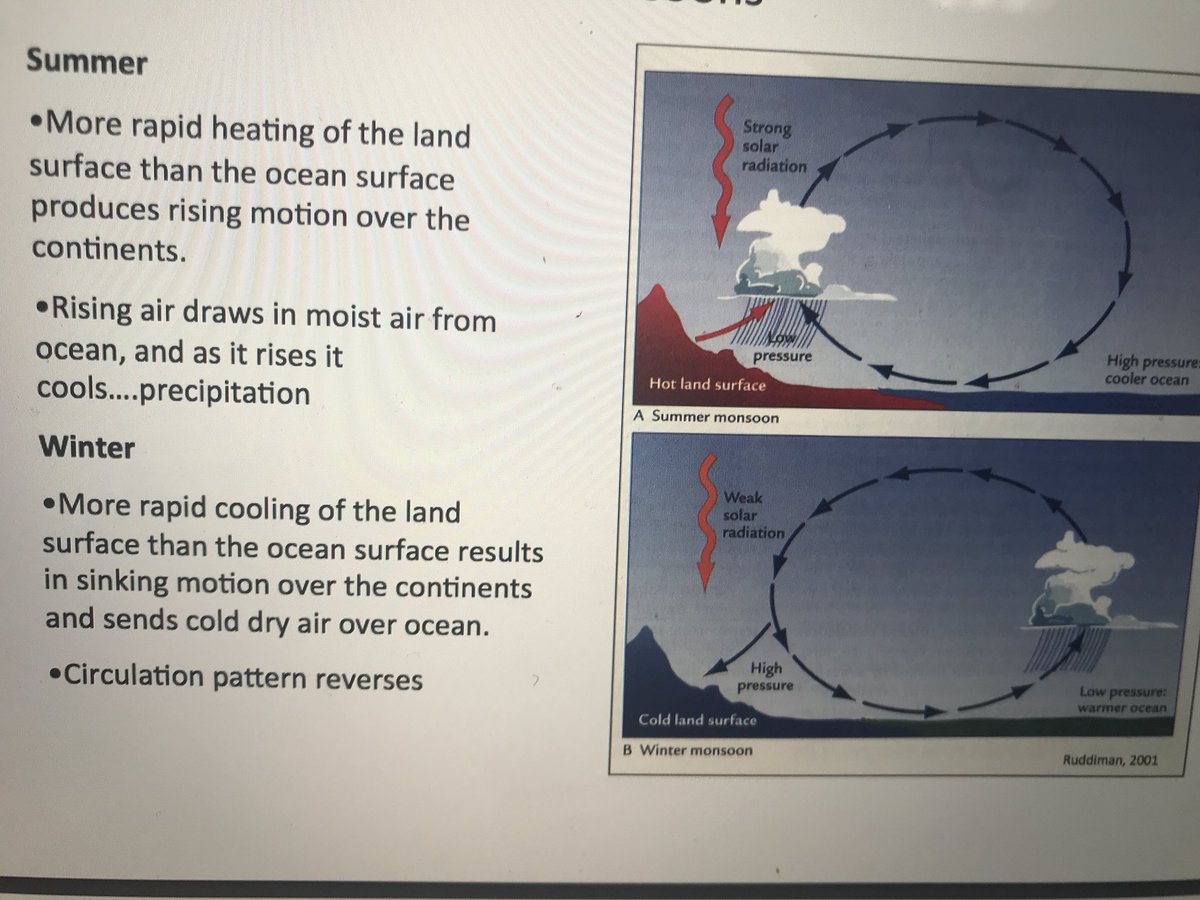 aml219lehigh's tweet photo. #ees152 here’s a diagram of the heat gradient between land and ocean and how it effects precipitation. The higher the gradient, the greater the movement air and the bigger the monsoon will be https://t.co/TUKglIQmUE