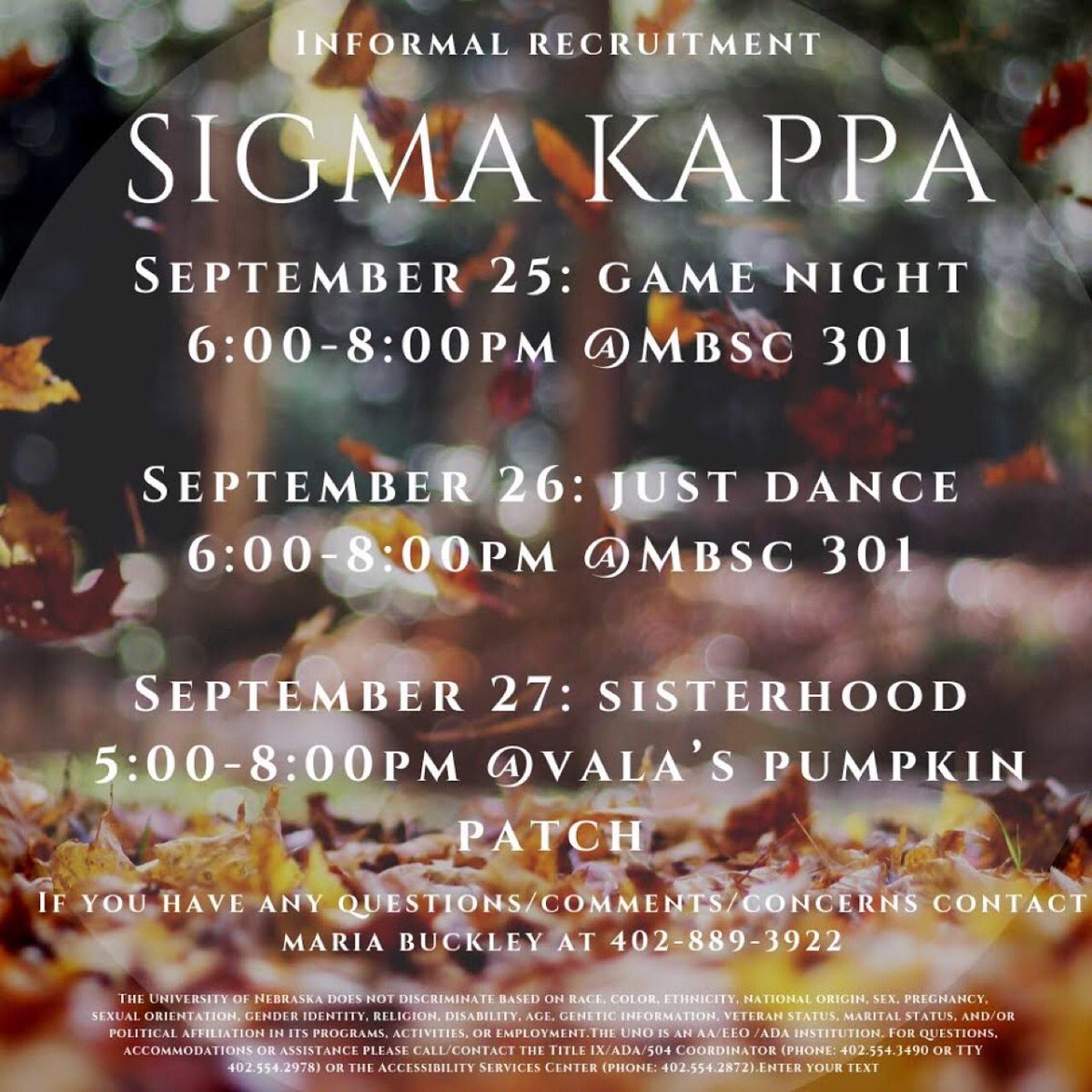 UNO_SigmaKappa's tweet photo. 💥Round 2️⃣ of informal recruitment starts Tuesday!🍂🍃 
•
Contact Maria with any questions! https://t.co/CHsiOTDDgT
