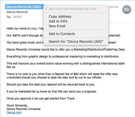 Hey <a href="/DeccaRecords/">Decca Records</a> are you aware of this scam? Unless you actually assign janky gmails to your Business Relations staff. Either way we're down to collab with Jeff Goldblum on some 🔥