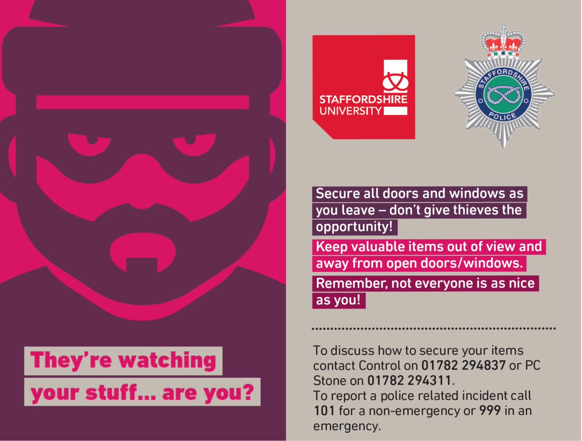 StaffsUniPolice's tweet photo. Going to @StaffsUnion #LRV this evening ??
If so, check that you've locked your doors !!
Keep you valuables out of view, don't let the thieving magpies take them.
#OpMagpie #StudentSafety #LockItDontLoseIT #BeSafe
@PoliceShelton #CampusControl
#PoliceLiaison https://t.co/Hoj7UJfp8i