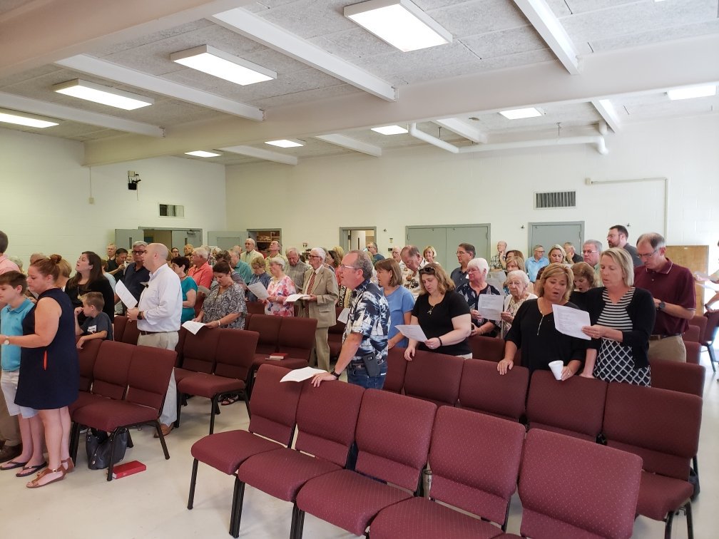 CcncDisaster's tweet photo. FCC Wilmington worshipping today in their fellowship hall after Hurricane Damage to their sanctuary. #WeAreDisciples #WeAreResilient https://t.co/qu7ezdWrN5