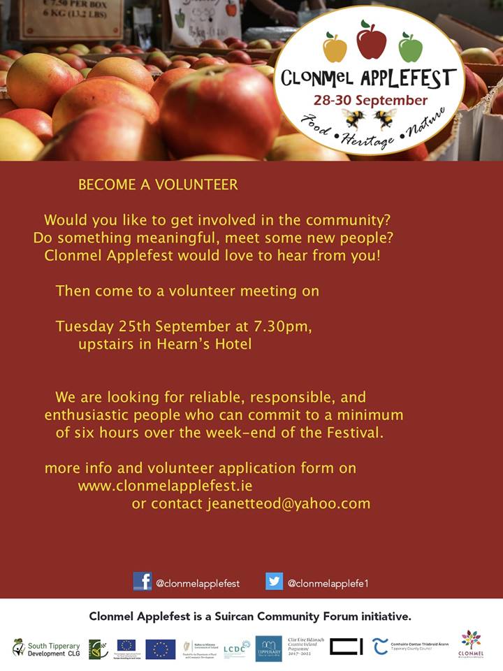 Calling for #volunteers to assist at next weekend's <a href="/clonmelapplefe1/">@clonmelapplefest</a> - Sept 28th - 30th. Meeting at Hearns Hotel, #Clonmel on Tuesday, Sept 25tth @ 7:30pm. #community #enthusiastic #fun <a href="/clonmelredcross/">Clonmel Red Cross</a> <a href="/ClonmelBusking/">Clonmel Busking</a> <a href="/clonmeljunction/">Clonmel Junction Arts Festival</a> <a href="/clonmelonline/">Michael Clarke</a> @Tippheritage <a href="/SouthTippArts/">South Tipp Arts Centre</a>
