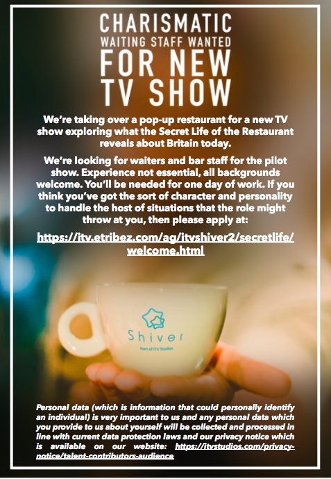 SHIVER TV ARE LOOKING FOR LONDON BASED CHARISMATIC WAITING STAFF FOR NEW TV SHOW!