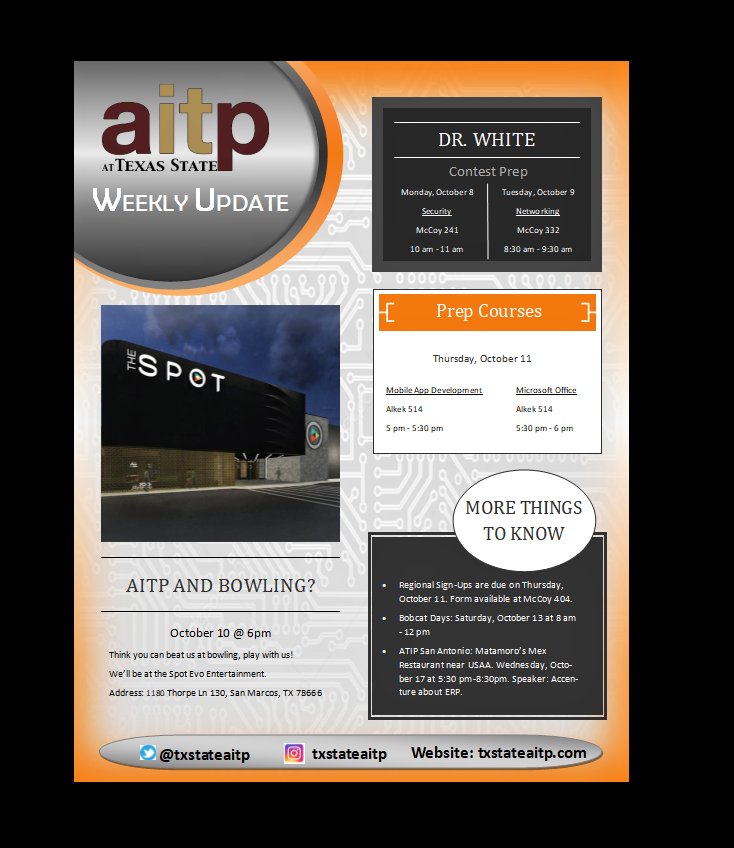txstateaitp's tweet photo. Back Again!
Monday: Security Contest Prep with Dr. White.
Tuesday: Networking Contest Prep with Dr. White.
Wednesday: AITP Bowling Social at The Spot Cinema.
Thursday: Prep Courses for Mobile App Dev and Microsoft Office. Regional sign-ups will be due.
Saturday: Bobcat Day! https://t.co/702MiSGhQd