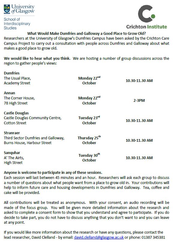 CrichtonInst's tweet photo. We are running a series of discussion sessions across D&amp;G to find out what people think makes 'a good place to grow old'.  All welcome but especially those thinking about their own future needs, caring for relatives or working with older people.  Tea/coffee/cake on us! https://t.co/oF8f32qZ34