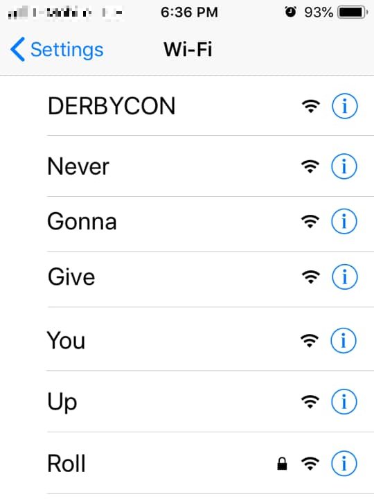 Dave_Mattingly's tweet photo. One of the tech-enabled hats at #DerbyCon was kind enough to offer these wifi access points. #HackYourDerby #RickRoll https://t.co/urt1P6mjwW