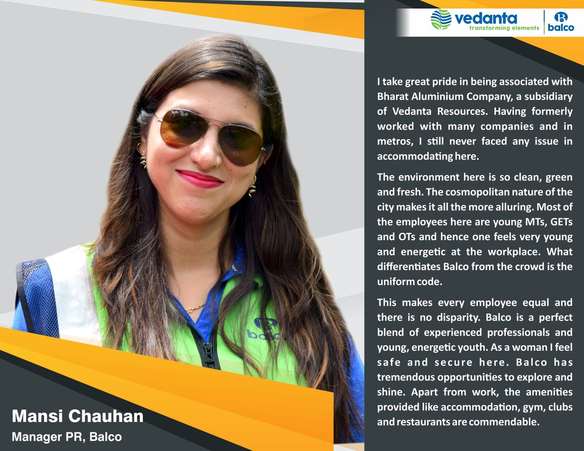 Balco_India's tweet photo. This week we have Ms Mansi Chauhan, Manager - Corporate Communications, to share her thoughts on her life at Balco. She writes about the working culture, safety, women empowerment, accommodation, food and work-life balance.

#LifeAtBalco #Campaign #Balco https://t.co/MqpRaXjJBX