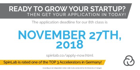 SpinLabLeipzig's tweet photo. What's the next thing you could do for your #startup to make it grow? Let us help you along the way, get your applications in for our EIGHTH Class! Deadline to apply is 27.11.2018. Let's go #Unicorn hunting! https://t.co/wUc9GuZKiJ #SpinnovationInProgress #SmartInfrastructureHub https://t.co/wmdfpHBuYd