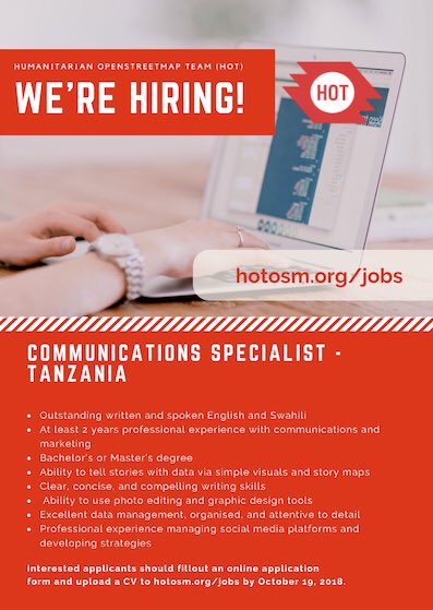 hotosm's tweet photo. We're hiring! We're searching for a Communication Specialist to work in Tanzania🇹🇿, and we have four vacancies in Aruba 🇦🇼.Apply now if you think you want to be a part of this team, at https://t.co/UTRo5FcC2u. Deadlines are the 19th and 14th of this month respectively. ☝🏽 https://t.co/lSjR0rJg23