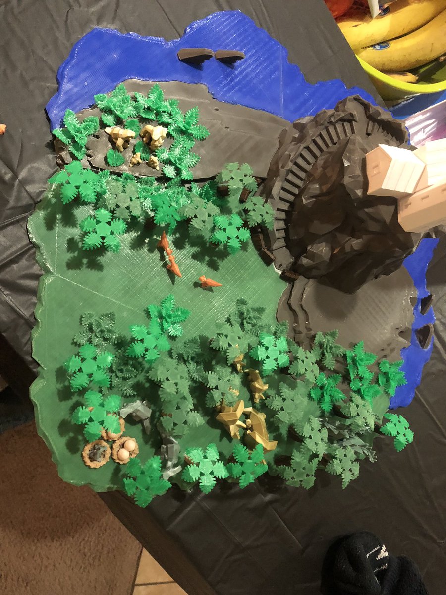 AlkeshOne's tweet photo. WIP #CommunityPrintOff02 #CPO02 the low poly lighthouse is done, most of the trees and ferns are done, more of the dinos are done. Still a few details to add but I am very happy with last nights progress. The work of these two artists goes well together in my diorama. https://t.co/72EcYVnVjb