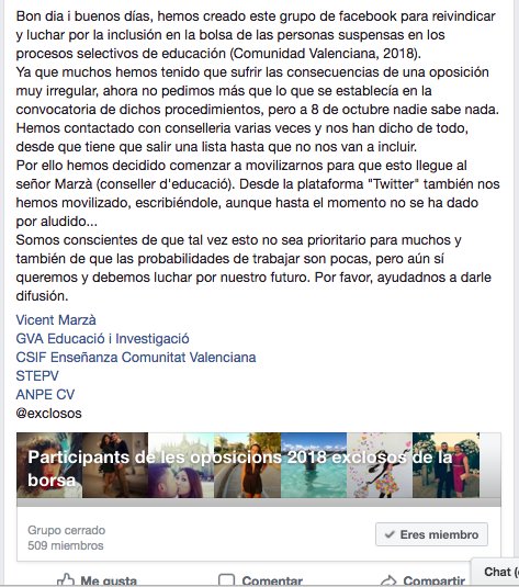 HadadoenlaDiana's tweet photo. Señor Marzà, somos más de 500 los afectados y que nos encontramos en este grupo de Facebook. Sólo queremos que nos informen y nos incluyan en bolsa tal y como quedó establecido en la convocatoria. @VicentMarza @miguelsolerg @GVAeducacio @STEPV_Iv @apuntnoticies #Borsamestres2018 https://t.co/rSNT0cQk9P