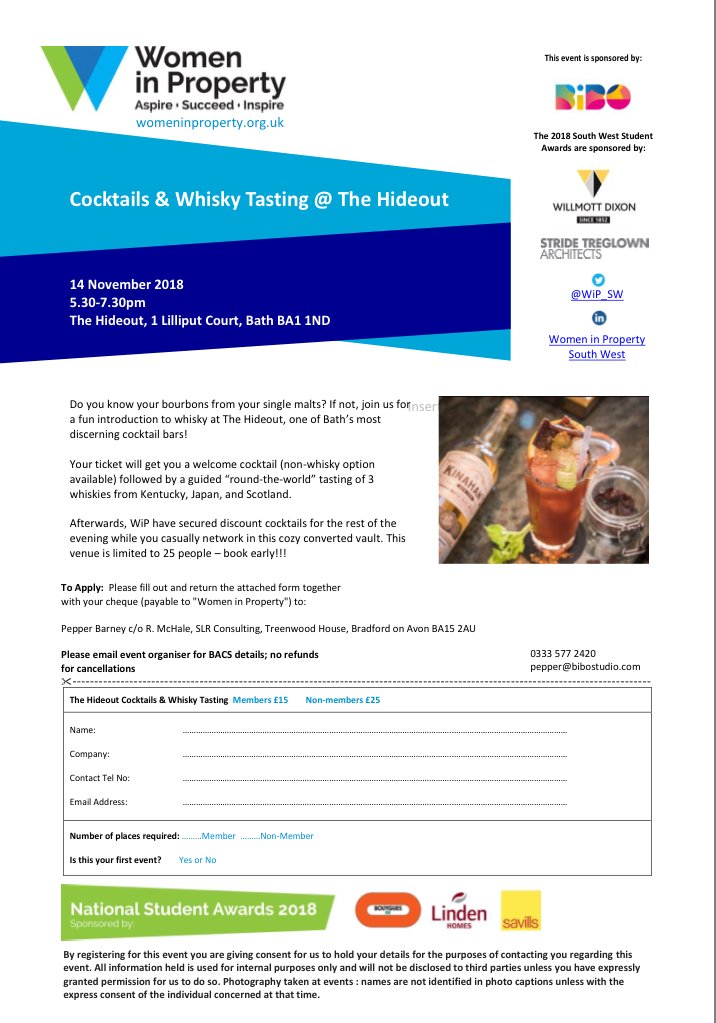 WiP_SW's tweet photo. Join us for cocktails and whiskey tasting on 14th November at one of Baths most discerning #cocktail bars The Hideout! Thanks to sponsors @BiBOStudioLtd ! See flyer for details and to book! #networking #property #whiskey #cocktails https://t.co/SxTAIg9vGn