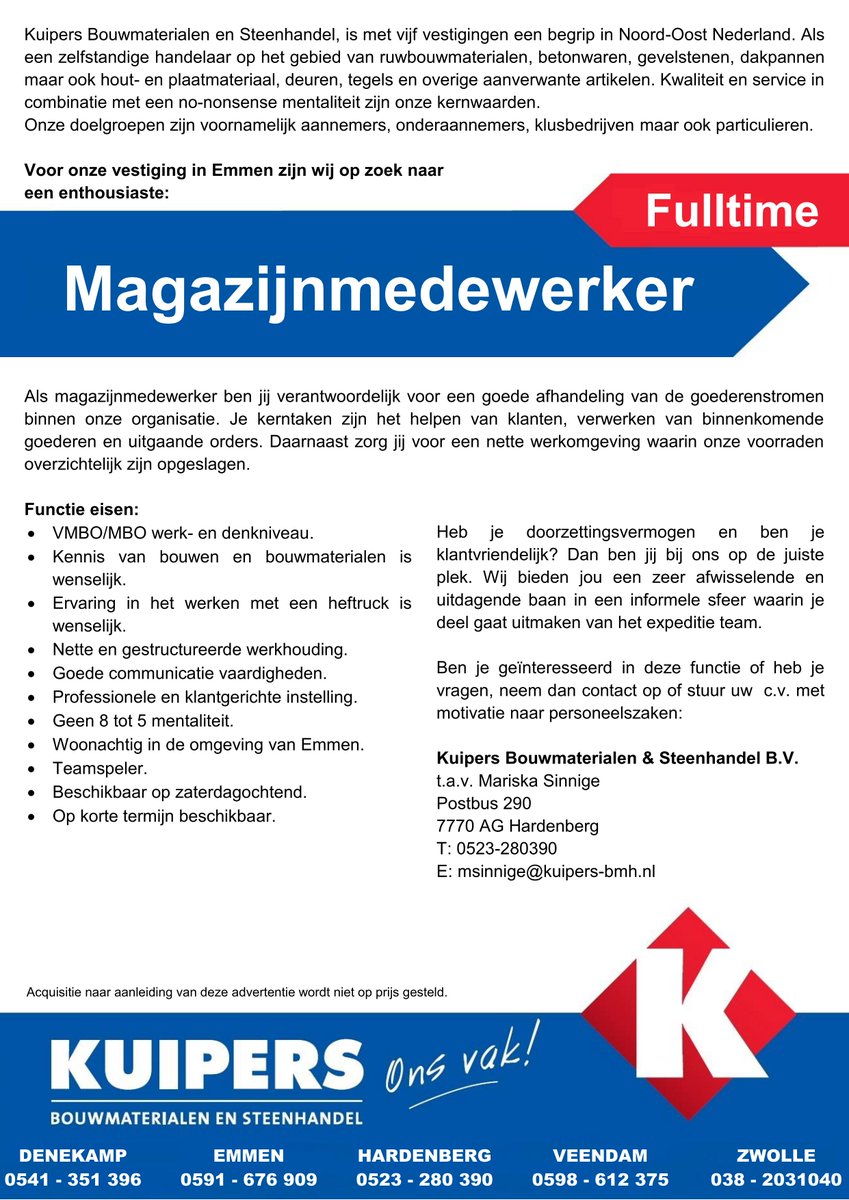 Kuipersbmh's tweet photo. Gezocht: Fulltime Magazijnmedewerker in @GemeenteEmmen @Kuipersbmh https://t.co/nc7WzoLLxd