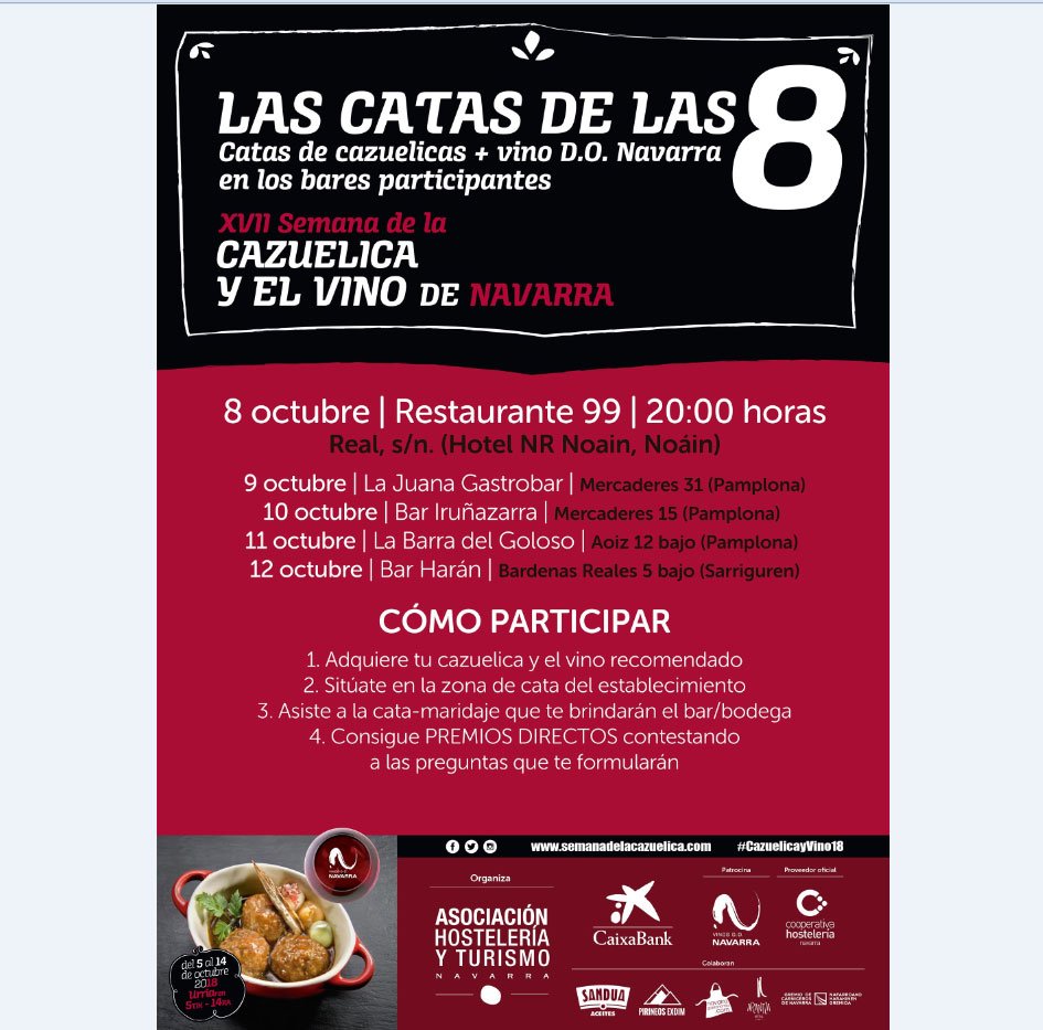 hostnavarra's tweet photo. Hoy lunes comienzan #LasCatasDeLas8  🍷 Hoy toca en el Restaurante 99 del Hotel NR Noáin.  #Catas de #VinosDONavarra donde podréis conseguir #PremiosDirectos! 🥘🍷 😋 ¡Animaos!🙋‍♀️ ¿Quién se apunta? #CazuelicayVino18 
🖥️ https://t.co/R5Jn9jBv9q / https://t.co/IRaLyGRUQy https://t.co/7kI7ow6Wg6