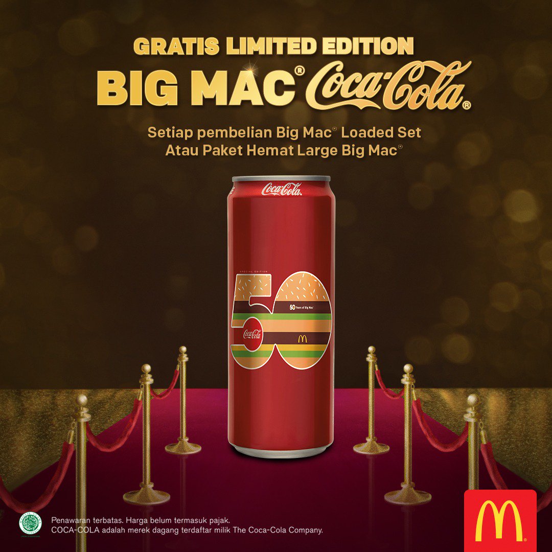 McDonalds_ID's tweet image. McD'ers! Dapatkan Gratis 1 Big Mac Coca Cola Special 50th Edition setiap pembelian #BigMacLoadedSet atau Paket Hemat Large Big Mac kamu! Ingat, Persediaan terbatas lho. sayang banget kalau sampai kehabisan :D #BigMac50 #BigMac50Tahun