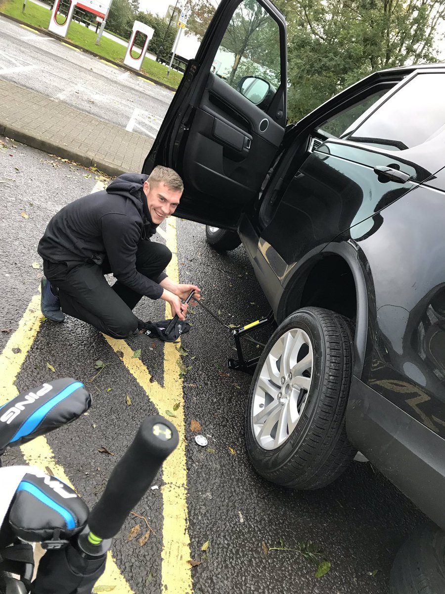 Marg_Shep's tweet photo. Good job we brought 2 very able bodied young men with us on our trip to @TrumpTurnberry #punctureproblems @Grassmonitor https://t.co/vwdDr7dayp
