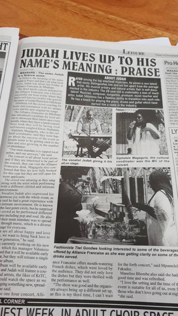 Allianceswazi's tweet photo. In today's local newspaper @Swaziland257 โผ๏ธLovely feature on soulful jazz artist #Judah and our Lunch Concerts! We're so honoured by the increased interest in our concerts, each one is so special and unique.
Don't miss the next one!
#LunchConcert #EveryFirstFriday #swazitwitter https://t.co/mOS6JmxpFE