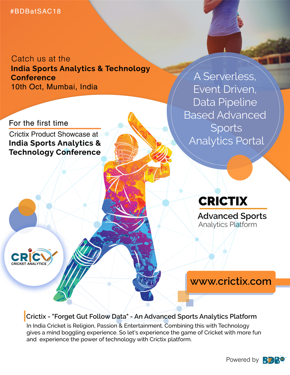 bdb_ai's tweet photo. For the first time ever #Crictix Product Showcase at #India #Sports #Analytics Conference. Do visit our booth on 10th October 2018 at Novotel Juhu, #Mumbai, India
#BDBatSAC218 #SAC18 #Cricket
#predictiveanalytics #AI #ML #bigdata #datascience https://t.co/oHyxMNKKzE