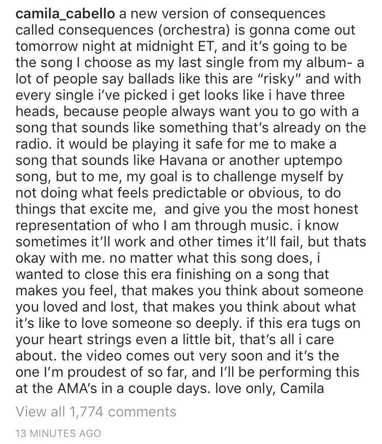 TweetsOfPop's tweet photo. Camila announced a new orchestral version of Consequences will be released tomorrow at midnight! 

She also states that the song will be her last single from her album ‘Camila,’ &amp; will be performing it at the #AMAs⁠ ⁠ this Tuesday.

#ConsequencesIsComing @CamilaAccess https://t.co/tJ1izu4glt