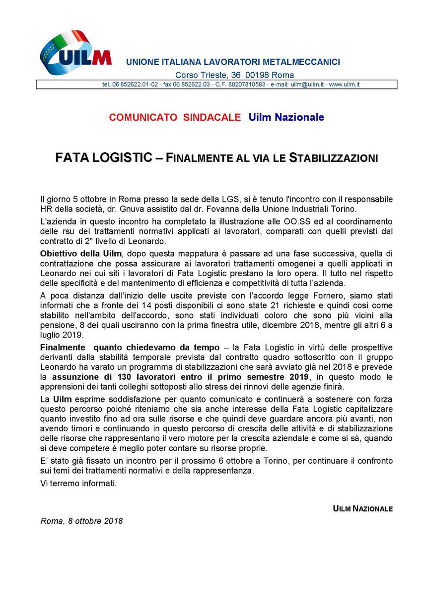 UilmNazionale's tweet photo. #Uilm #FataLogistic Al via le stabilizzazioni https://t.co/wUDbxBdYyP