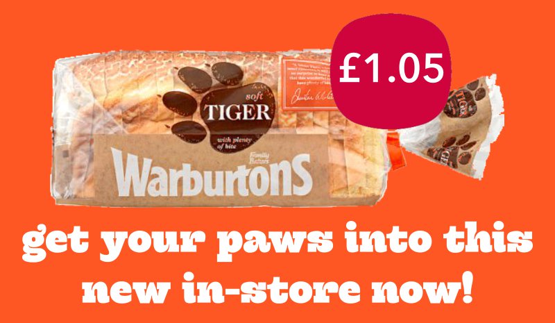 TamworthCoop's tweet photo. You can now get @Warburtons White Sliced Tiger in all of our stores!
Get your paws into them before they've gone!

#tigerloaf #bakery #freshbread #warburtons #whiteslicedbread https://t.co/NS0ysfx6CD