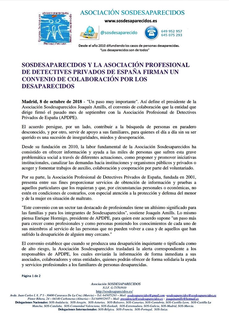 APDPE's tweet photo. La Asociación @sosdesaparecido y la Asociación Profesional de Detectives Privados de España @APDPE firman un convenio de colaboración por los #Desaparecidos https://t.co/GsY81L5ZA4   https://t.co/74z9z7qkSO https://t.co/L2N9iWTZ5G