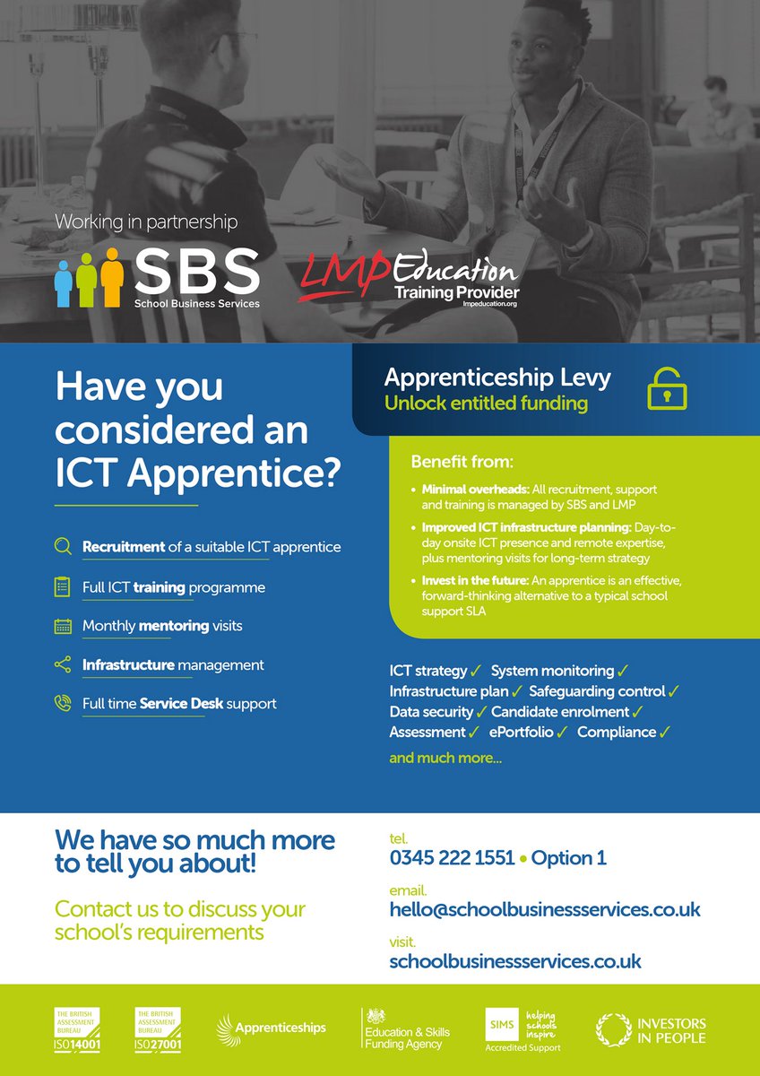 LMP_Education1's tweet photo. A brilliant partnership with SBS that can offer your school an IT Support service along with an IT Infrastructure Technician #Apprentice - get in touch for more info! #IT #Schools #Apprenticeships #RecruitAnApprentice @leylatov @McveyJamie https://t.co/3CbVzpOwGK