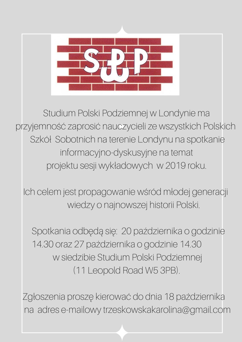 StudiumP's tweet photo. Zapraszamy na spotkanie nauczycieli z Polskich Szkół Sobotnich na terenie Londynu!

@StudiumPolskiPodziemnej https://t.co/xcCoMPd6KQ