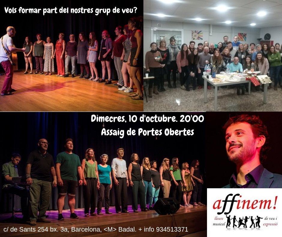 affinem_bcn's tweet photo. Aquest dimecres, a les 20'00 h., assaig de portes obertes a affinem! Si t'agrada cantar i vols formar part dels nostre grup, ara és el moment. 934513371 c/de Sants 254. #sants #barcelona #ohhappytv3 #gospel #cant #veu #cor #coral #affinem #cantaires https://t.co/J5HTprn6BN