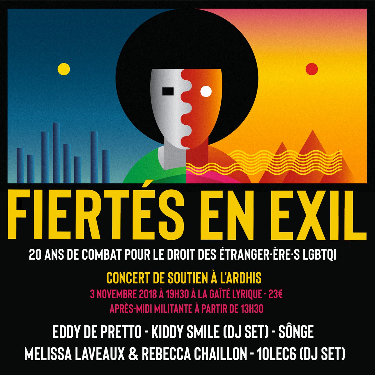 gaitelyrique's tweet photo. 20 ans de combat pour les droits des étranger·ère·s LGBTQI : @Ardhis_LGBT organise un #concert le 3 nov pour récolter des fonds avec @Kiddysmile @eddydepretto @melissalaveaux #RebeccaChaillon @songemusic #10LEC6.
☀ https://t.co/1r8txSuHuq
☀ https://t.co/4BPFB52cx5 https://t.co/uhJYywI1bP