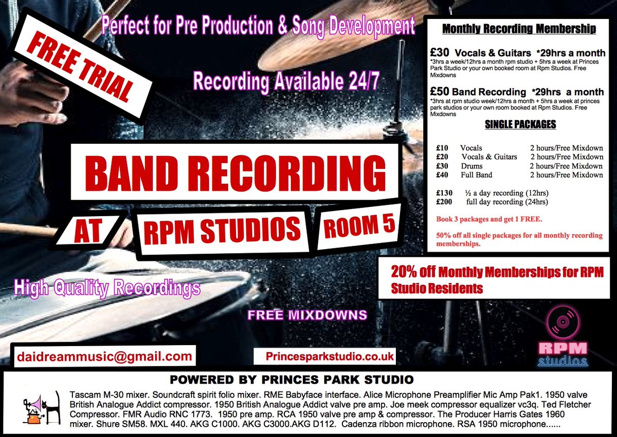 Quality recordings, free mastering, flexible times at affordable prices. Select one of our Monthly packages &amp; take your music development to the next level. £30 for 29 hours of recording time , you will not get a better deal #Liverpool #Merseyside #Bands #drums #MondayMotivation