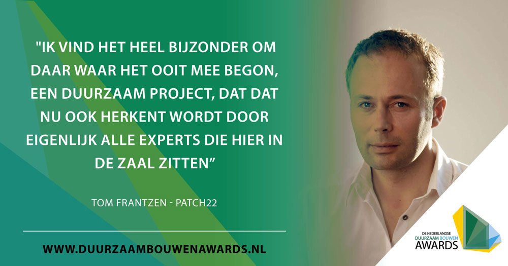 AAN HET WOORD
“Ik vind het heel bijzonder om daar waar het ooit mee begon, een duurzaam project, dat dat nu ook herkent wordt door eigenlijk alle experts die hier in de zaal zitten,” zei Tom Frantzen van Patch22 nadat hij de Duurzaam Bouwen Award 2018 won:bit.ly/2Oa8nuU