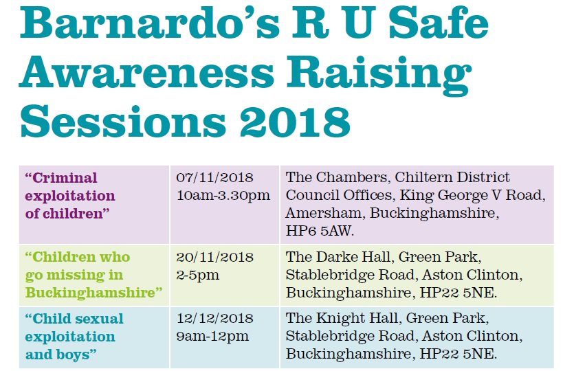 We are delivering FREE awareness raising sessions for professionals working with children in #Buckinghamshire. Parents & carers are also welcome to attend. Please email rusafe@barnardos.org.uk to book your place. Please RT! @barnardos #CriminalExploitation #CSE #ReportedMissing