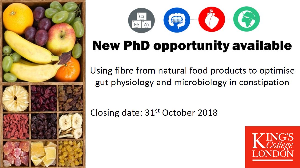 PhD available investigating #fibre from foods in #constipation and #microbiome. We are looking for:
✅Nutritionist / Dietitian / Doctor / Physiologist
✅Evidence of research interests
✅Hardworking and driven
✅Ambitious
✅Eligible for UK/EU fees
kcl.ac.uk/health/study/s… #phdchat